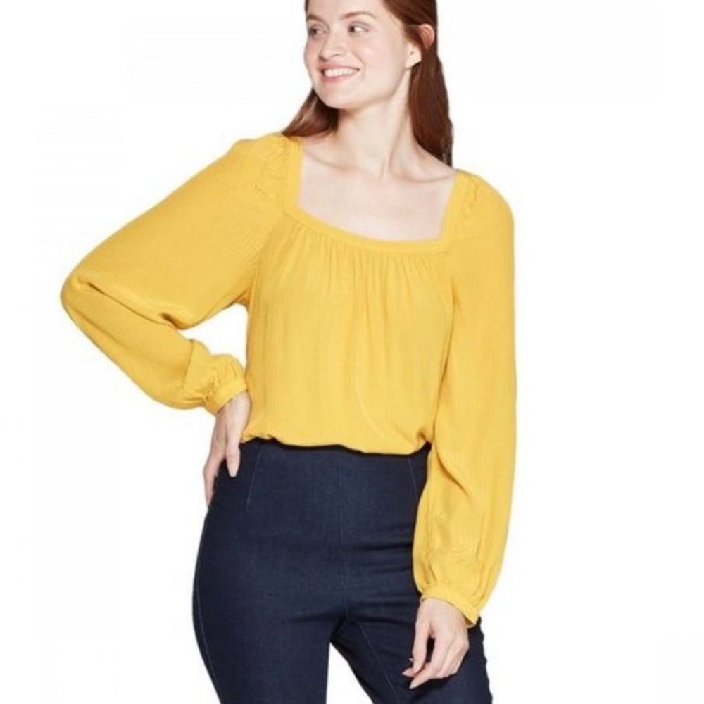 a new day Mustard Square Neck Long Sleeve Blouse XS